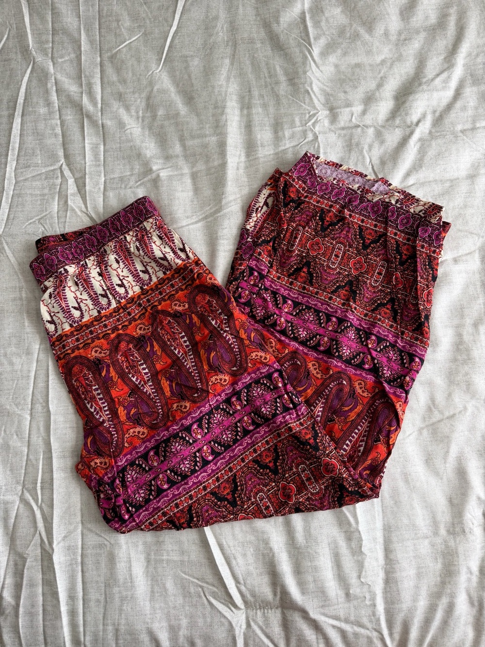 Ambiance Apparel Red Paisley Boho Wide Leg Pants (L)